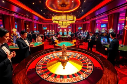 Experience the thrill of winning at Trang chủ OK8386 with roulette, poker tables, and vibrant slot machines in a luxurious casino setting.