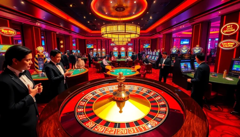 Experience the thrill of winning at Trang chủ OK8386 with roulette, poker tables, and vibrant slot machines in a luxurious casino setting.