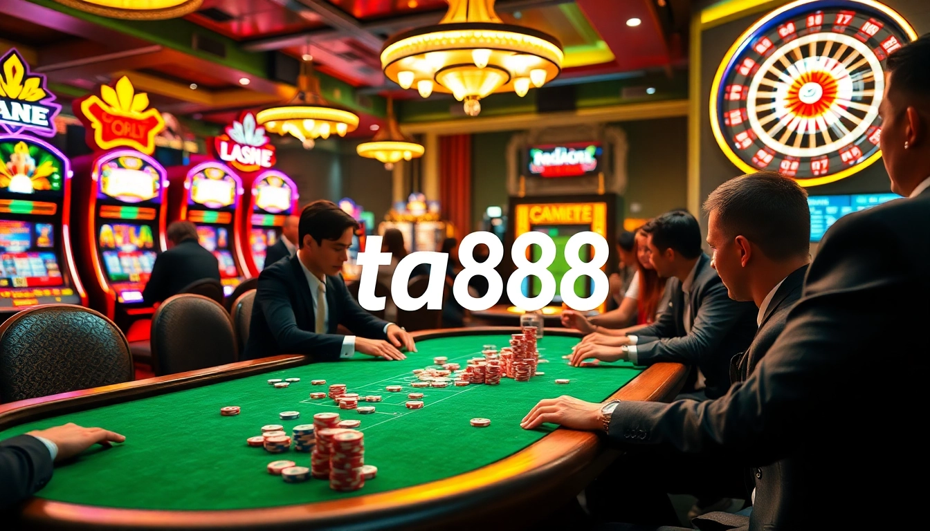 Experience thrilling gameplay at TA88, capturing a poker high-stakes game with vibrant colors and lively ambiance.
