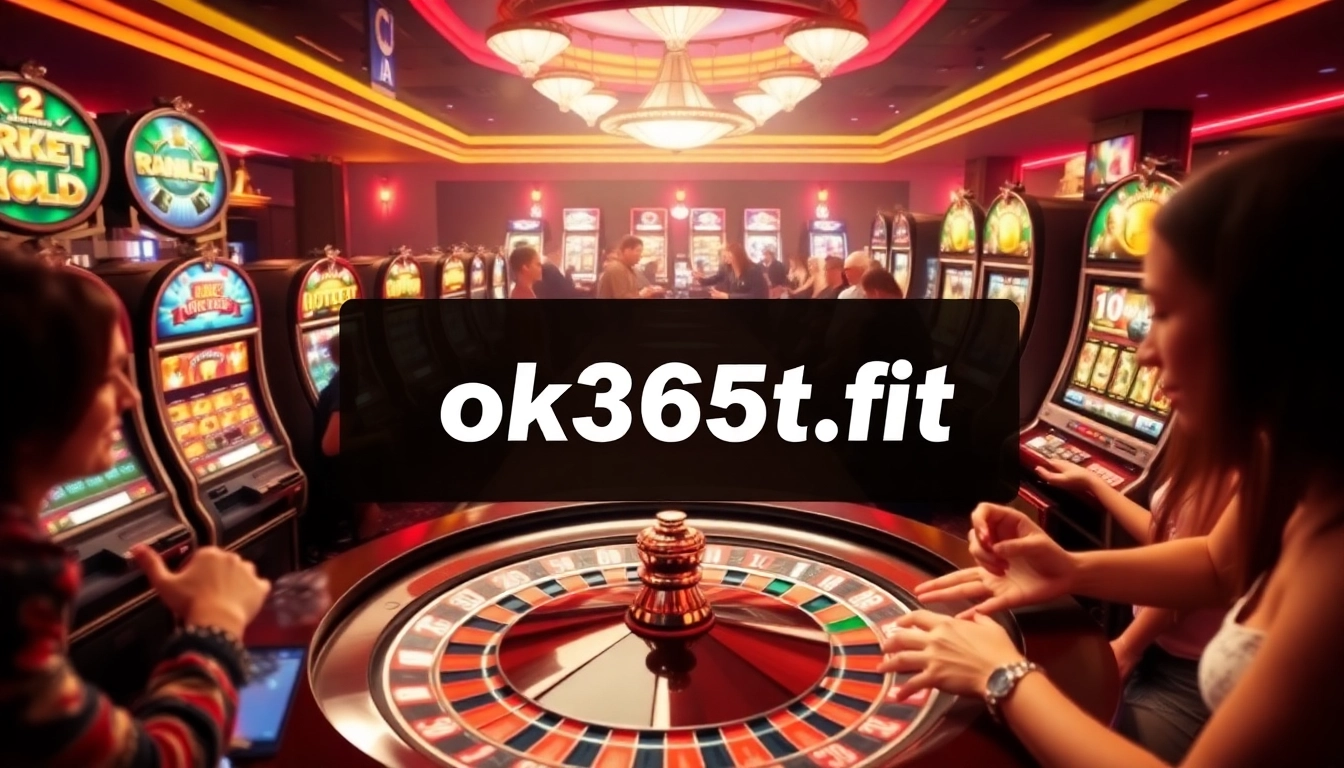 Explore the vibrant energy of a casino scene with ok365t.fit prominently featured on a digital banner.
