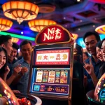 Nổ hũ jackpot spinning on a lively casino slot machine, players excitedly anticipating wins.