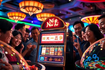 Nổ hũ jackpot spinning on a lively casino slot machine, players excitedly anticipating wins.