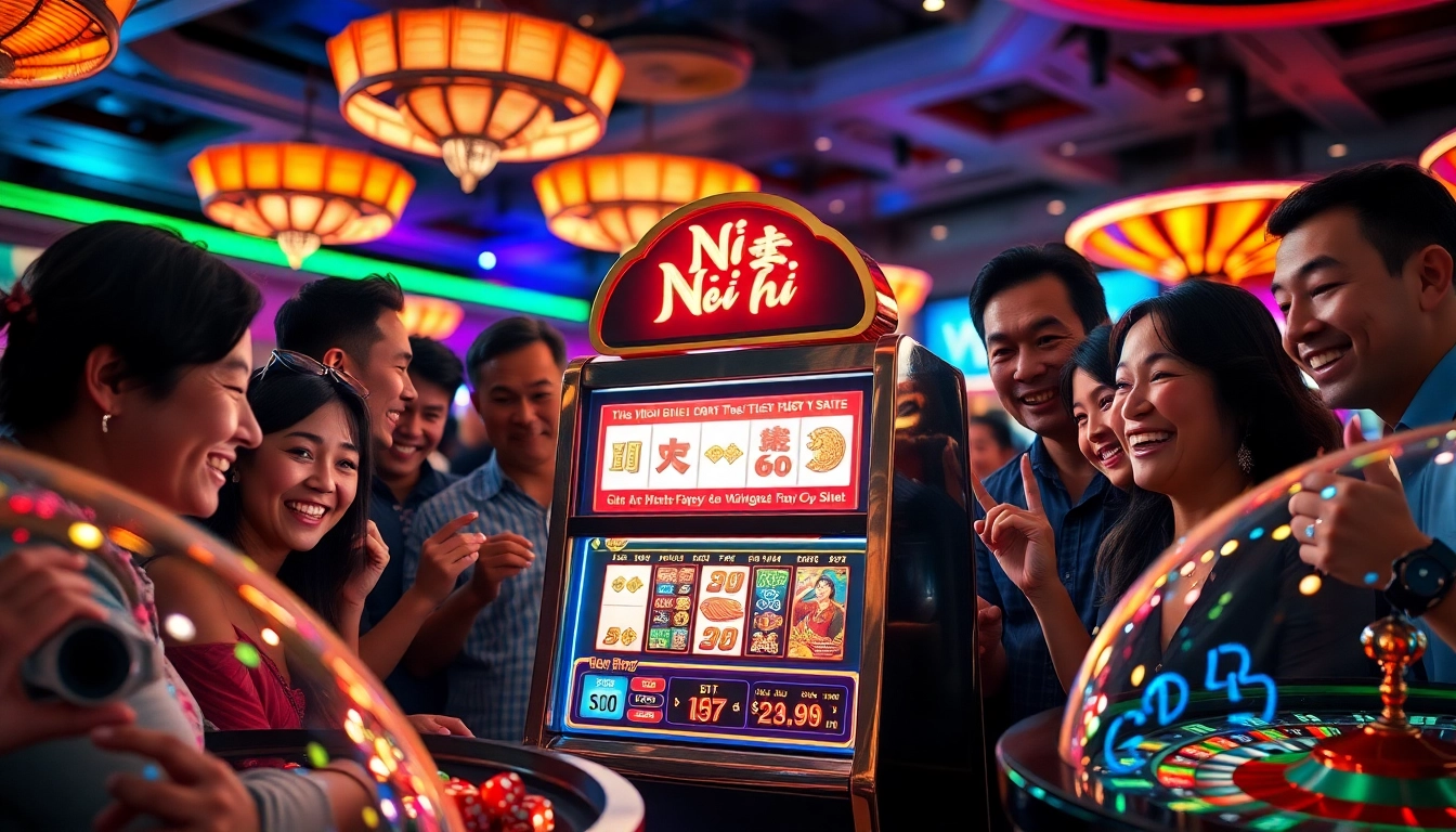 Nổ hũ jackpot spinning on a lively casino slot machine, players excitedly anticipating wins.