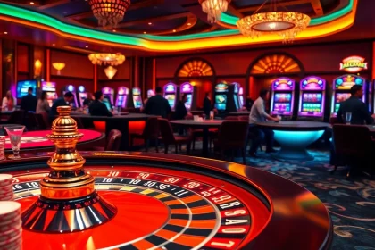Experience the exhilarating gaming atmosphere of https://mm88.nl/, showcasing lively roulette and blackjack tables filled with excited players.