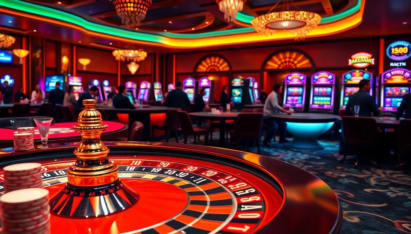 Experience the exhilarating gaming atmosphere of https://mm88.nl/, showcasing lively roulette and blackjack tables filled with excited players.