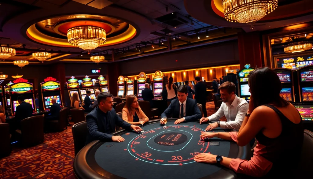 Top Club casino scene featuring vibrant poker action and flashing slot machines.