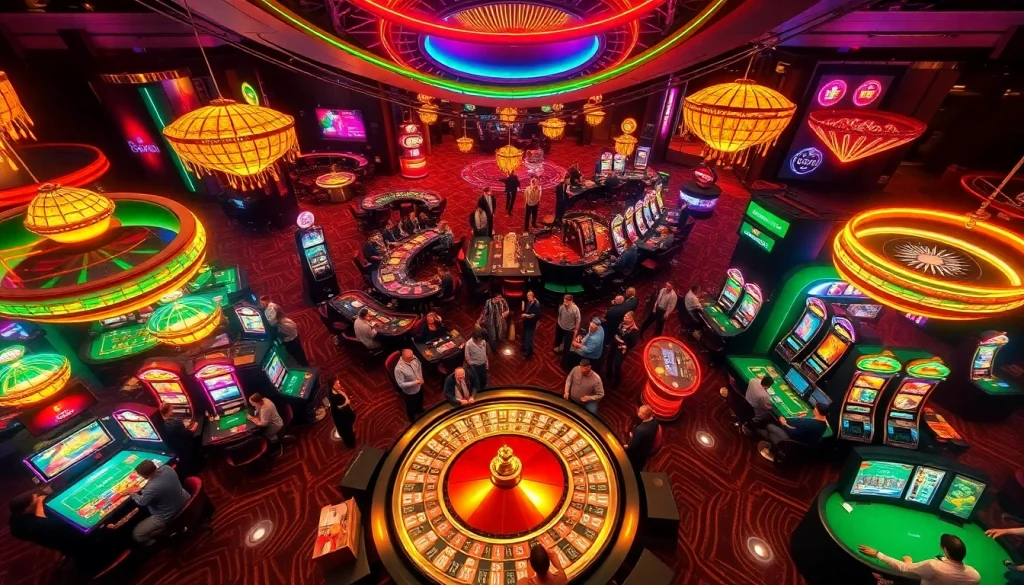 Experience the thrill of gacor123 at a lively casino with players cheering around dynamic roulette tables.